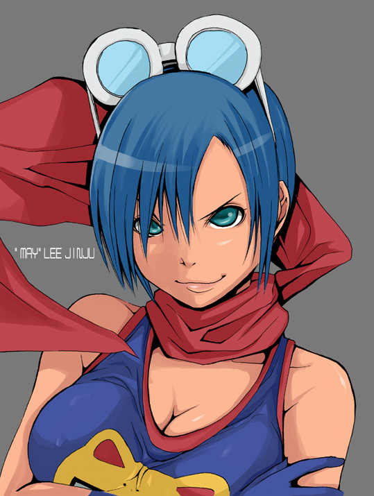 blue_hair, breasts, cape, cleavage, goggles, goggles_on_head, junkie, king_of_fighters