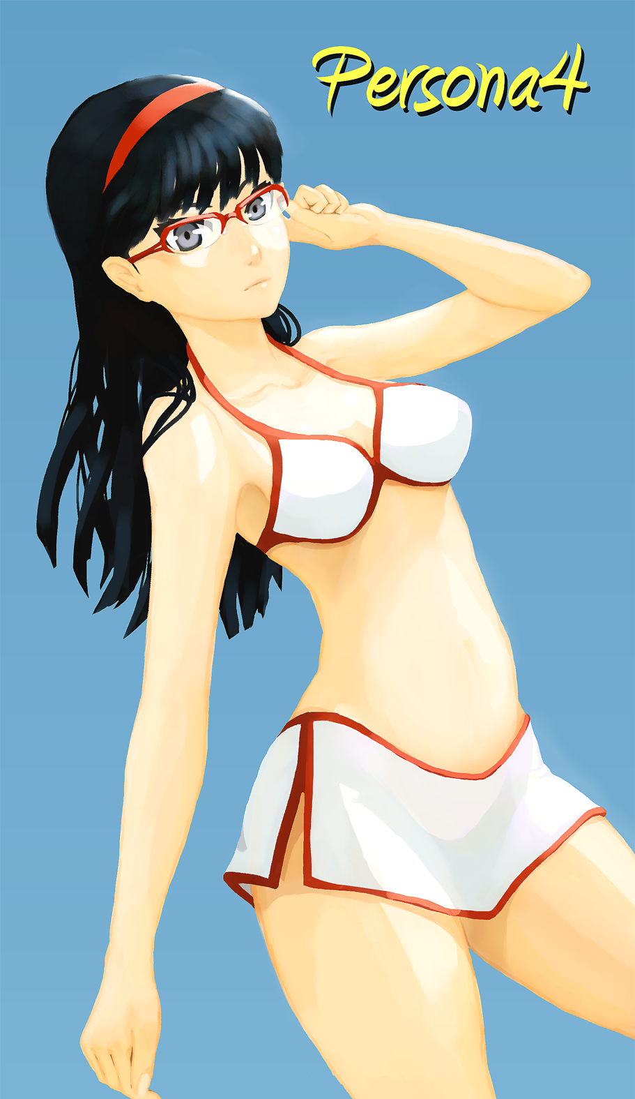 amagi_yukiko, bad_id, bikini, bizon, black_eyes, black_hair, glasses, hairband, highres, long_hair, persona, persona_4, pp-19_bizon_(pixiv), solo, swimsuit