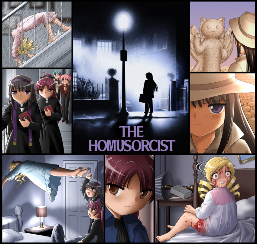 5girls, akemi_homura, barefoot, blonde_hair, blood, blue_hair, blush, copyright_name, drill_hair, english, grin, hat, kaname_madoka, kyubey, lamp, long_hair, mahou_shoujo_madoka_magica, miki_sayaka, multiple_girls, open_mouth, parody, pink_hair, sakura_kyouko, shingyouji_tatsuya, short_hair, sitting, smile, standing, sweat, the_exorcist, tomoe_mami, twin_drills, violet_eyes