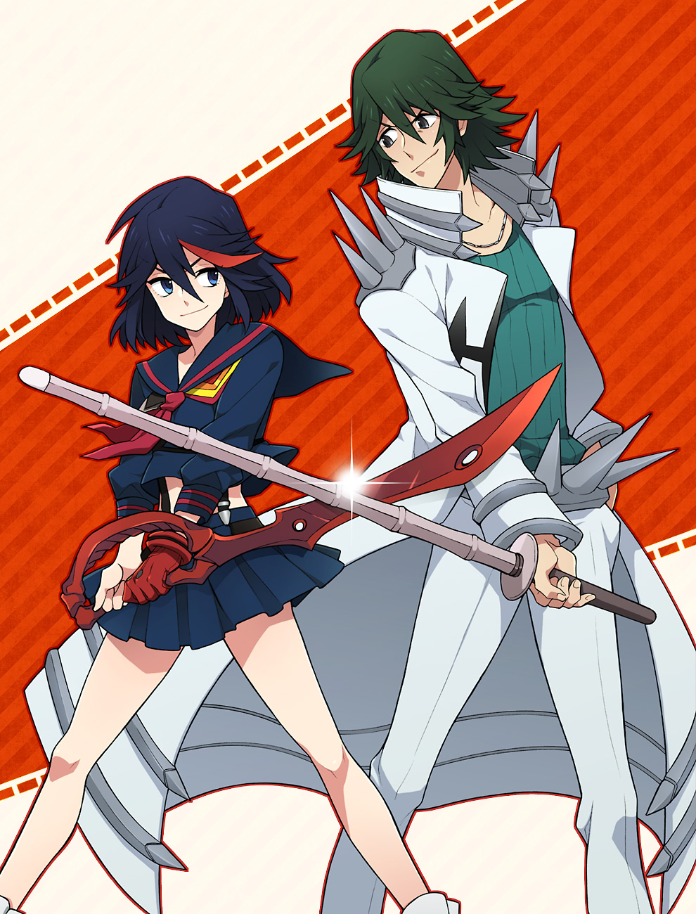 1boy, 1girl, black_hair, green_hair, highres, hisagi-y4, kill_la_kill, long_coat