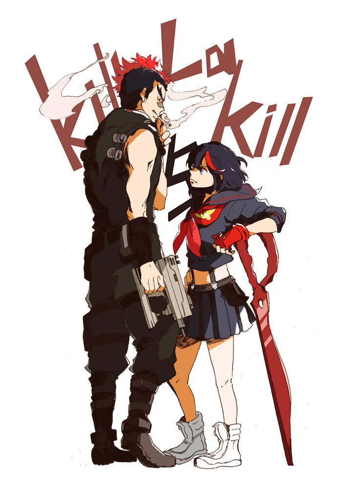 1boy, 1girl, bandaid, bandaid_on_nose, black_hair, cigarette, gun, height_difference