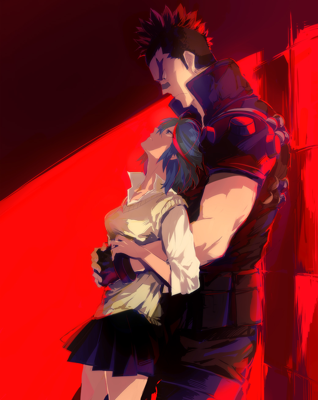 1boy, 1girl, bandaid, bandaid_on_nose, black_hair, blue_eyes, eyebrows, grabbing_from_behind, highres, kill_la_kill, male, matoi_ryuuko, mohawk, multicolored_hair, nobu10, pleated_skirt, redhead, school_uniform, short_hair, skirt, tsumugu_kinagase, two-tone_hair