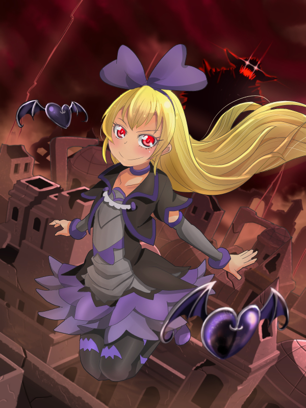 1girl, bat_wings, blonde_hair, blush, bow, chiyomi, dokidoki!_precure, hair_bow