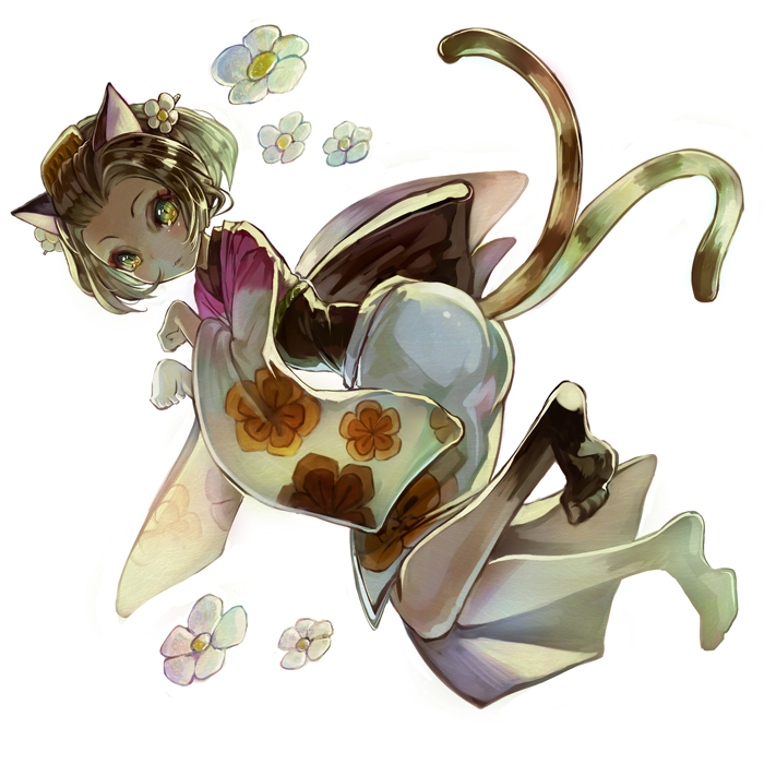1girl, animal_ears, brown_hair, cat_ears, cat_tail, deba, flower, hair_comb, hair_flower, hair_ornament, japanese_clothes, kimono, long_sleeves, looking_at_viewer, multiple_tails, oboro_muramasa, okoi_(oboro_muramasa), paw_pose, solo, tail, vanillaware, wide_sleeves