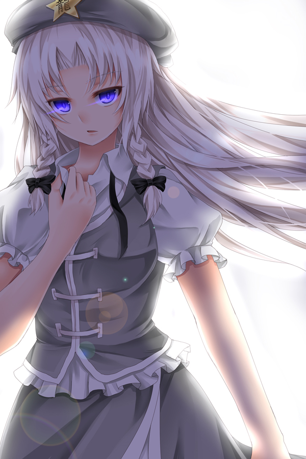 1girl, alternate_color, backlighting, blue_eyes, braid, chinese_clothes, glowing, glowing_eyes