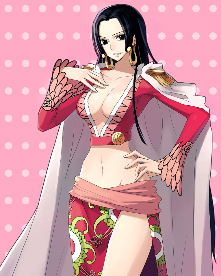 1girl, black_hair, boa_hancock, breasts, cape, center_opening, cleavage, collarbone, earrings, epaulettes, female, hand_on_hip, jewelry, leona_(pixiv), long_hair, midriff, mound_of_venus, navel, one_piece, parted_lips, pink_background, polka_dot_background, solo, standing