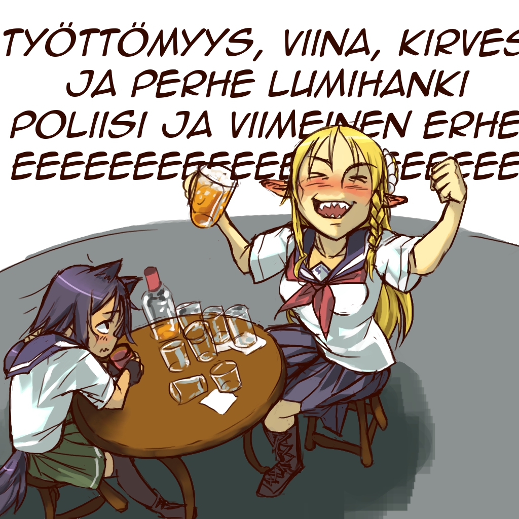 >_<, 2girls, alcohol, animal_ears, beer, blonde_hair, boots, braid