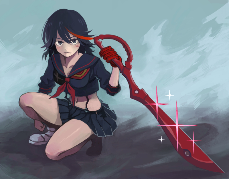 1girl, birdmountain, black_hair, blue_eyes, breasts, cleavage, gloves, kill_la_kill