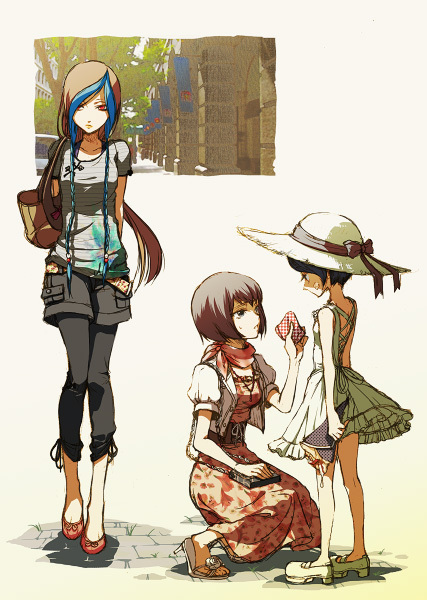 1boy, 2girls, arms_behind_back, bag, blue_hair, braid, brown_hair, character_request