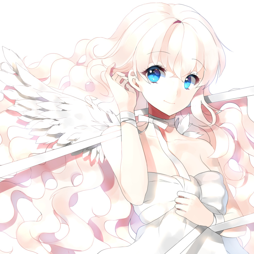 1girl, bare_shoulders, blue_eyes, dress, highres, long_hair, ninee, original