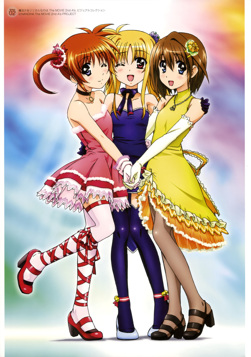 3girls, absurdres, bare_shoulders, blush, choker, dress, elbow_gloves, fate_testarossa, gloves, high_heels, highres, holding_hands, leg_ribbon, legs, looking_at_viewer, lyrical_nanoha, mahou_shoujo_lyrical_nanoha, mahou_shoujo_lyrical_nanoha_a's, mahou_shoujo_lyrical_nanoha_the_movie_2nd_a's, multiple_girls, official_art, open_mouth, pantyhose, ribbon, smile, takamachi_nanoha, thighhighs, wink, yagami_hayate