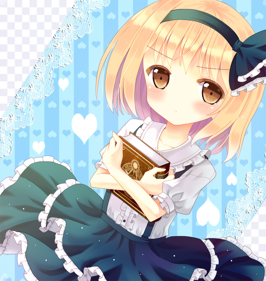 1girl, alice_margatroid, alice_margatroid_(pc-98), blonde_hair, blue_background, blush, book, brown_eyes
