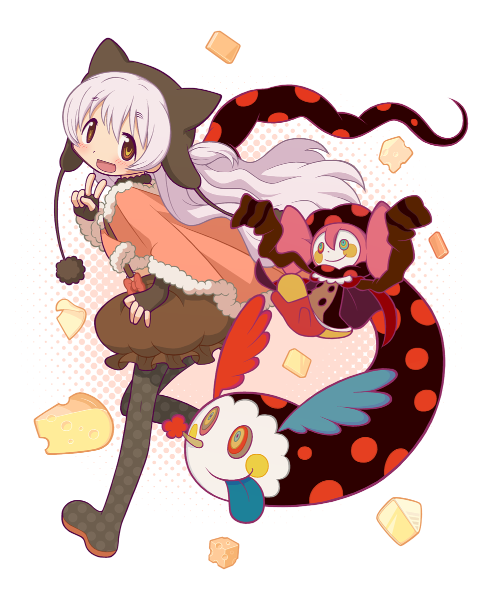 animal_ears, animal_hat, beanie, blush, bow, capelet, charlotte_(madoka_magica), cheese, fake_animal_ears, fingerless_gloves, food, frills, from_side, fur_trim, gecchu, gloves, halftone, halftone_background, hat, highres, long_hair, looking_at_viewer, looking_to_the_side, mahou_shoujo_madoka_magica, mahou_shoujo_madoka_magica_movie, momoe_nagisa, multicolored_eyes, multiple_persona, open_mouth, pantyhose, polka_dot, polka_dot_legwear, purple_hair, ringed_eyes, simple_background, smile, spoilers, suspenders, swiss_cheese, tongue, tongue_out, v, white_background, wing_ears