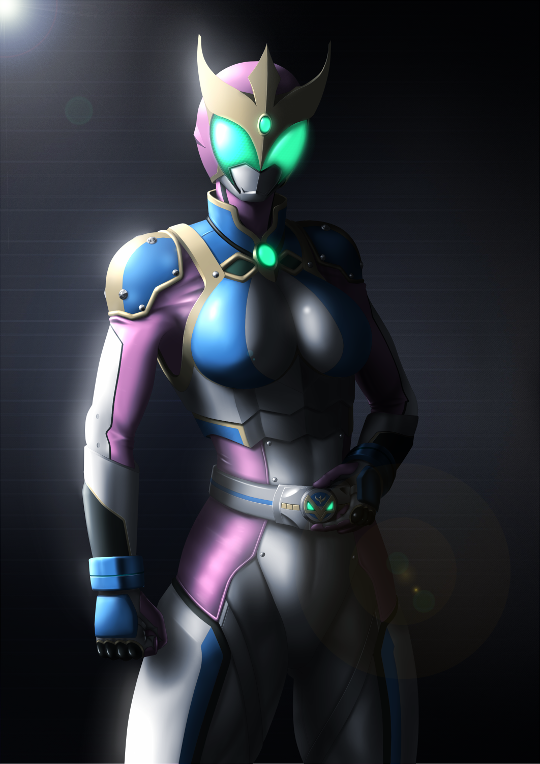 1girl, belt, belt_buckle, bodysuit, breastplate, female, glowing, hand_on_belt