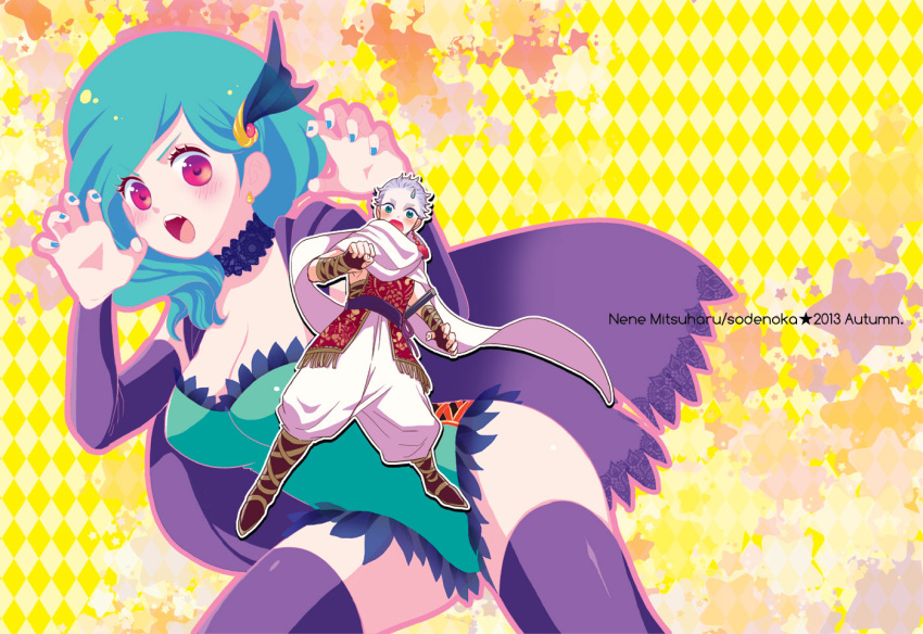 1boy, 1girl, 2013, :o, aqua_hair, argyle, argyle_background, artist_name, black_legwear, blush, earrings, edward_geraldine, final_fantasy, final_fantasy_iv, fingerless_gloves, gloves, green_eyes, hair_ornament, hairpin, jewelry, leotard, mitsuharu_nene, pants, red_eyes, rydia, short_hair, sweatdrop, thighhighs, white_hair, yellow_background