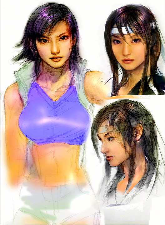 1girl, breasts, brown_eyes, brown_hair, collage, concept_art, headband, kawano_takuji