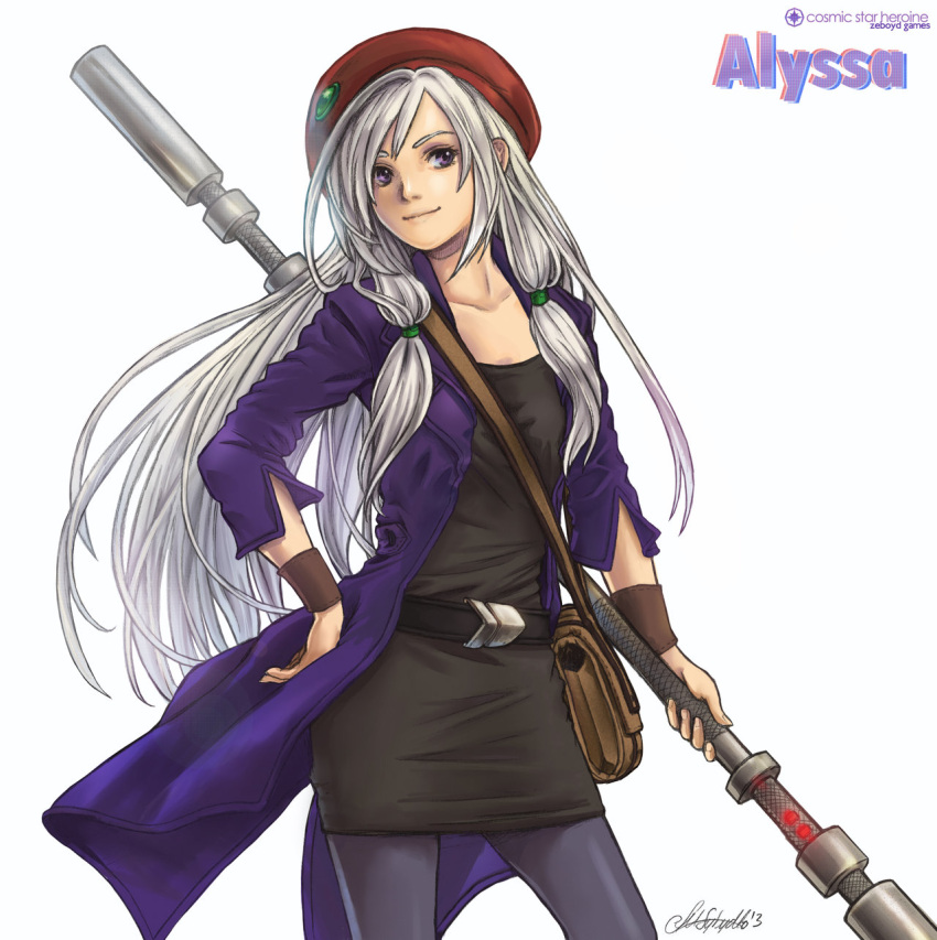 1girl, alyssa_l'salle, artist_name, belt, black_dress, character_name, copyright_name, cosmic_star_heroine, dice9999, dress, hat, highres, jacket, long_coat, long_hair, satchel, signature, silver_hair, solo, staff, violet_eyes, weapon