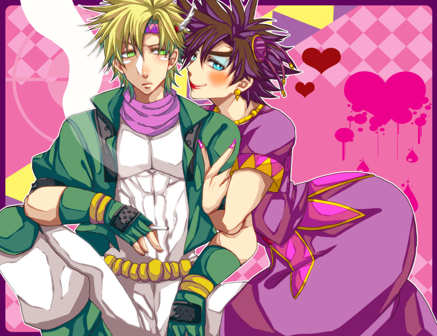 2boys, ass, blonde_hair, blue_eyes, brown_hair, caesar_anthonio_zeppeli, cigarette, crossdressinging, facial_mark, green_eyes, green_jacket, hair_ornament, jacket, jojo_no_kimyou_na_bouken, joseph_joestar_(young), multiple_boys, terimayo_(sonnne_farbe)