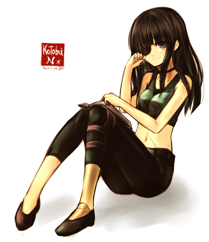 book, brown_eyes, brown_hair, capri_pants, choker, crop_top, doll_joints, eyepatch