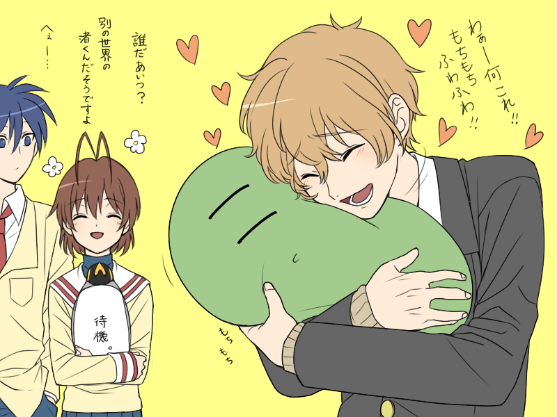 1girl, 2boys, ahoge, antenna_hair, bird, blue_eyes, blue_hair, brown_eyes, brown_hair, clannad, company_connection, crossover, free!, furukawa_nagisa, hazuki_nagisa, kyoto_animation, multiple_boys, necktie, okazaki_tomoya, penguin, school_uniform, short_hair, smile, sugi_(sumisugi), trait_connection
