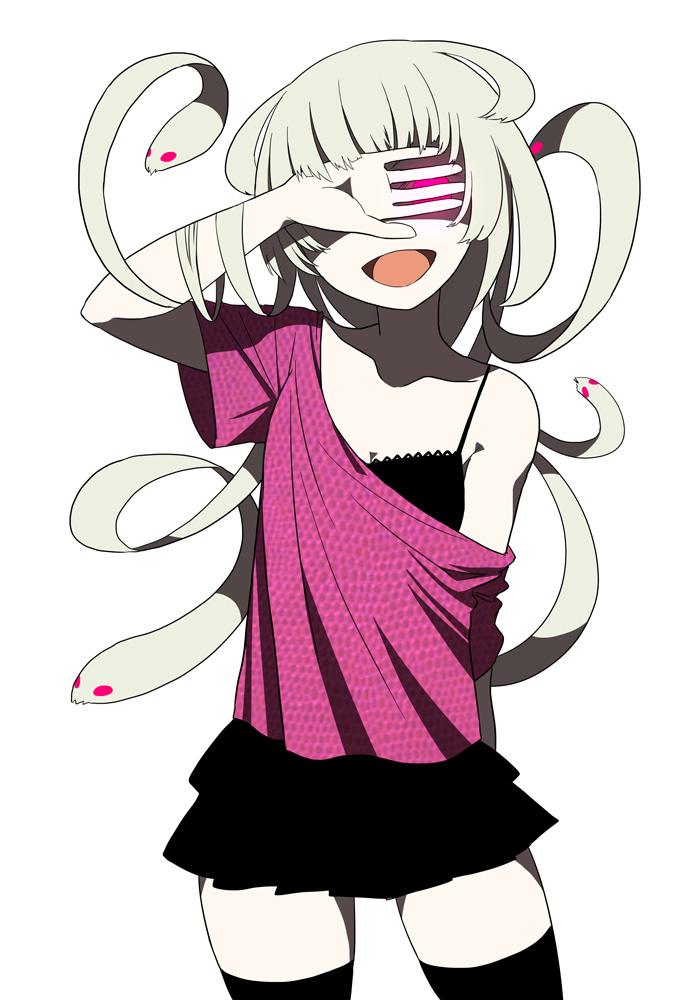 1girl, glowing, glowing_eye, hand_over_eye, ken_(koala), long_hair, off_shoulder, open_mouth