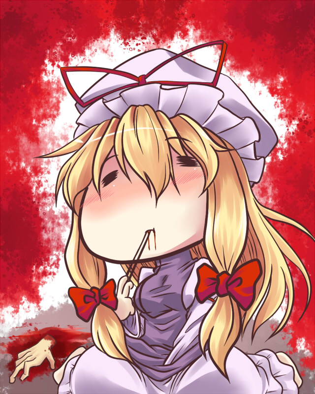 bad_id, blood, chibi, chopsticks, eating, hair_ribbon, hat, kuon846
