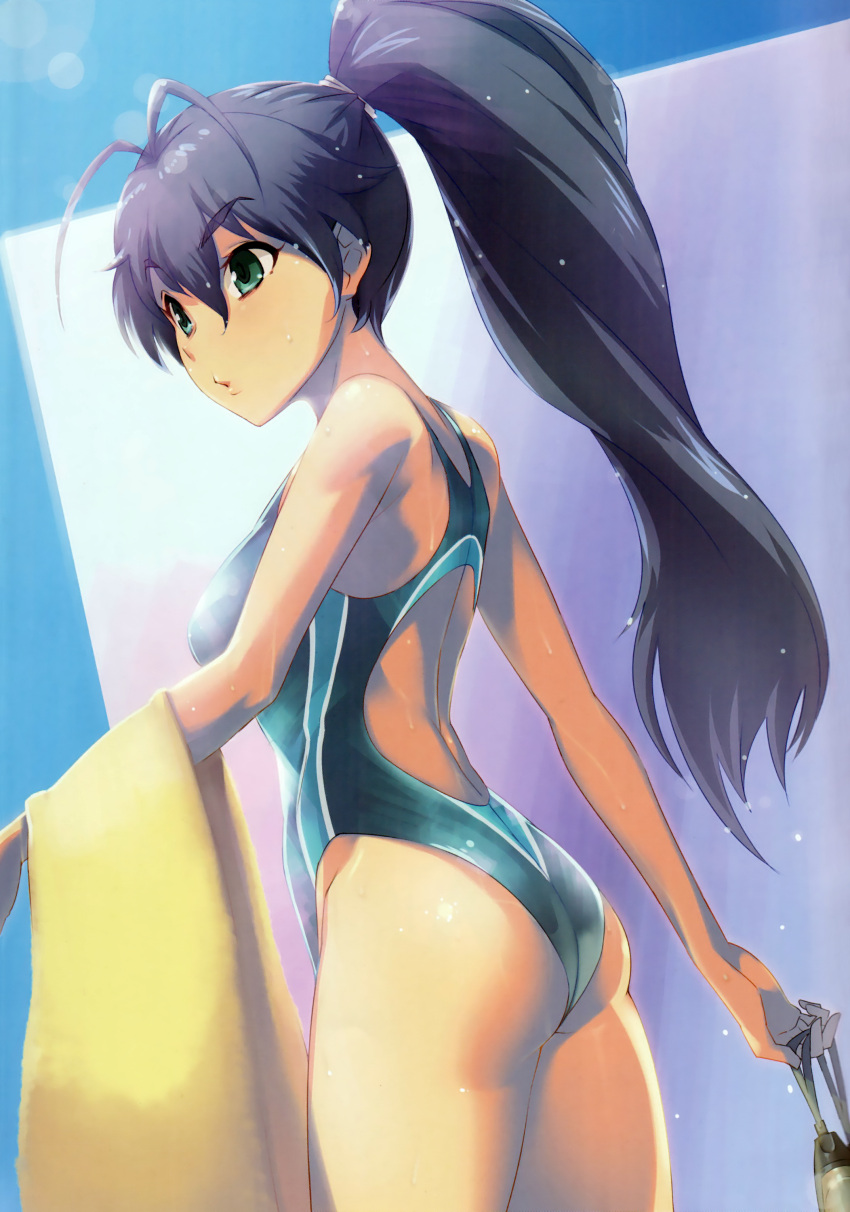 1girl, absurdres, antenna_hair, ass, bare_shoulders, black_hair, blue_sky, competition_swimsuit