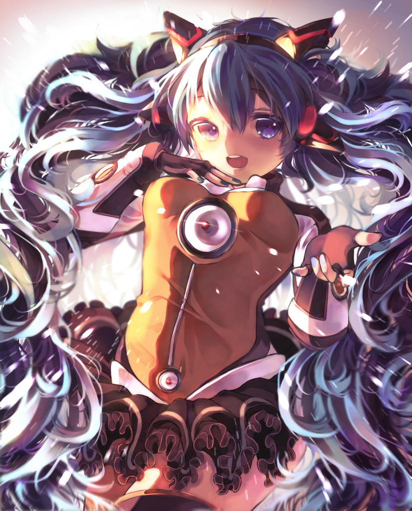 1girl, blue_eyes, blue_hair, fingerless_gloves, gloves, hatsune_miku, long_hair, nail_polish