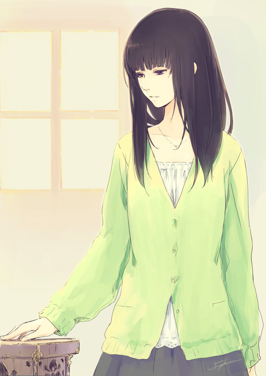 1girl, black_hair, blouse, cardigan, highres, jewelry, long_hair, necklace, original, signature, skirt, solo, violet_eyes, yuranpo