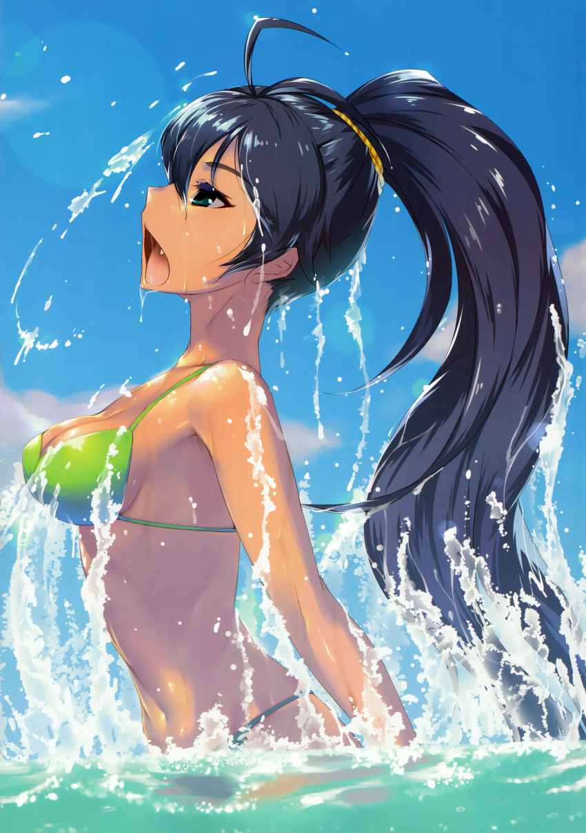1girl, absurdres, antenna_hair, bikini, black_hair, breasts, cleavage, don_michael