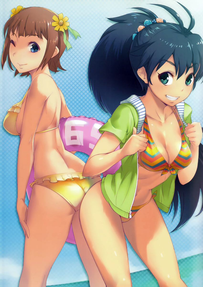 2girls, ;), absurdres, amami_haruka, antenna_hair, ass, bare_shoulders, bikini