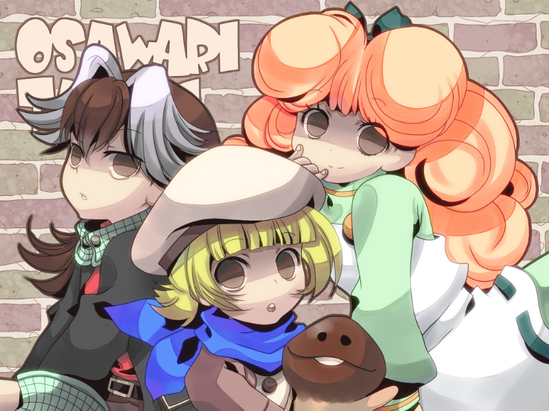 3girls, blonde_hair, brick_wall, brown_eyes, brown_hair, chloe, funghi, mackenzie