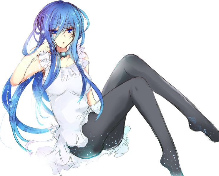 1girl, aoki_hagane_no_arpeggio, bare_shoulders, blue_eyes, blue_hair, breasts, choker, dress, houkiri_nemu, long_hair, pantyhose, solo, takao_(aoki_hagane_no_arpeggio), white_background, white_dress