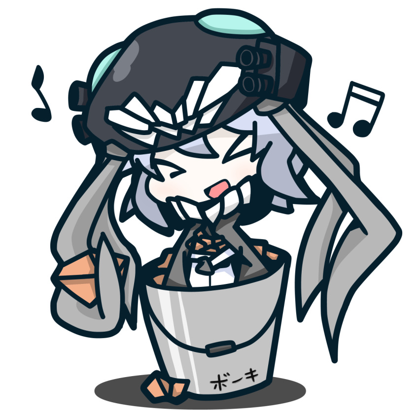 >_<, 1girl, bucket, hat, highres, kantai_collection, musical_note, nu-nyu, open_mouth, short_hair, silver_hair, smile, wo-class_aircraft_carrier