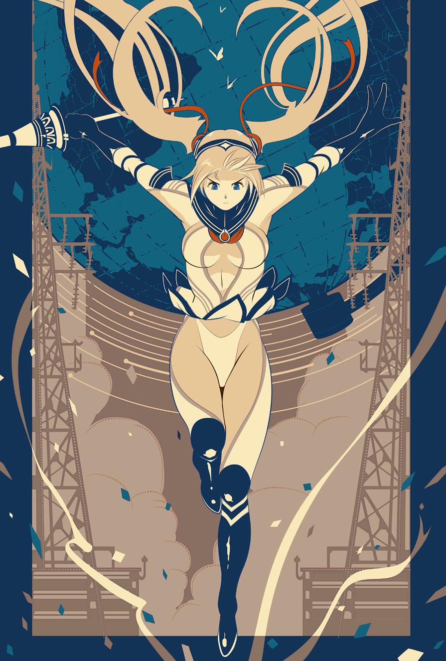 1girl, art_deco, biomechanoid, blonde_hair, blue_eyes, boots, breasts, center_opening