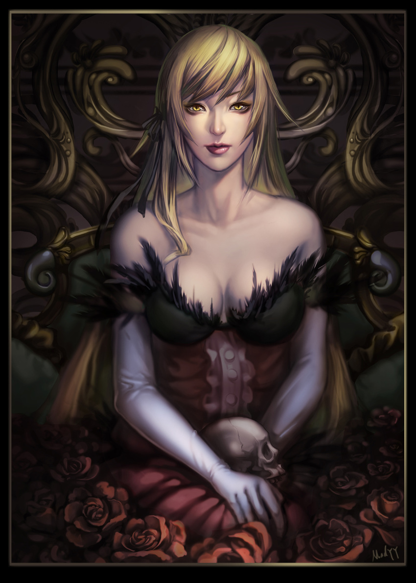 1girl, airbrush_(medium), bakemonogatari, bare_shoulders, blonde_hair, breasts, bust, cleavage, collarbone, dress, elbow_gloves, flower, frame, gloves, highres, long_hair, looking_at_viewer, madyy, monogatari_(series), older, oshino_shinobu, portrait, red_dress, red_rose, rose, signature, skull, solo, strapless_dress, white_gloves, yellow_eyes