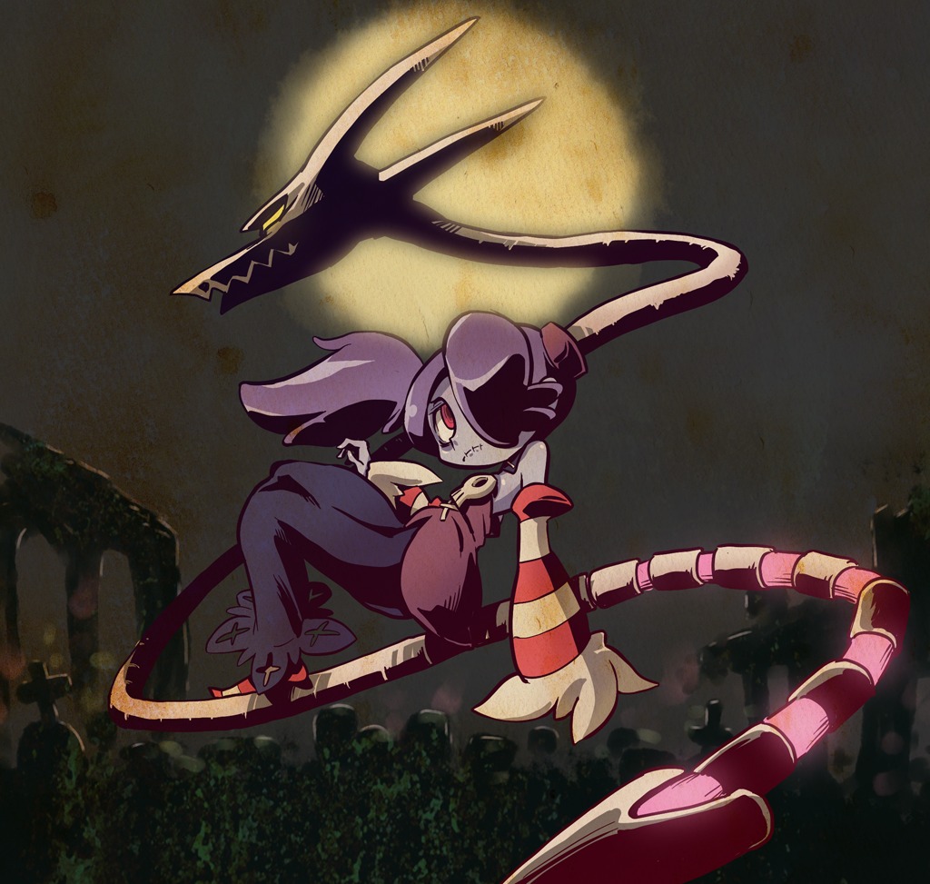 1girl, blue_hair, blue_skin, detached_collar, detached_sleeves, flat_chest, full_moon, graveyard