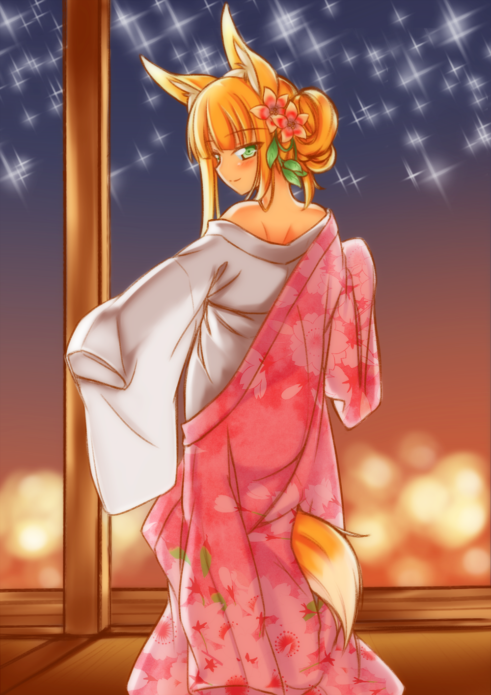 1girl, animal_ears, blonde_hair, blush, floral_print, flower, fox_ears, fox_tail