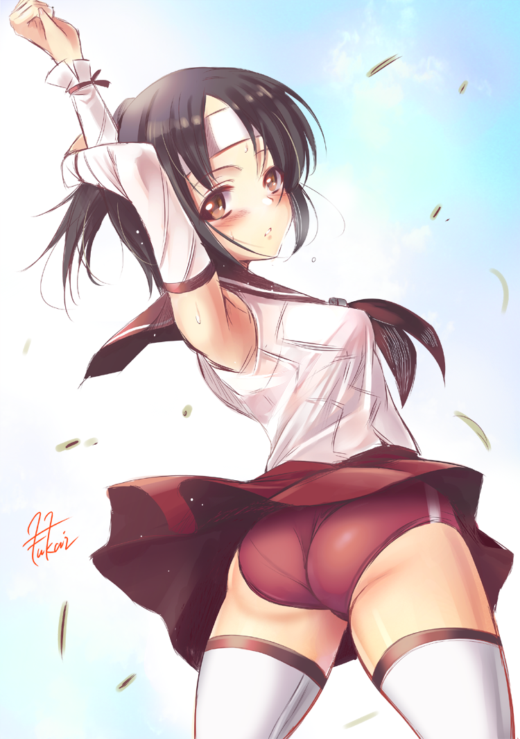 1girl, armpits, bloomers, detached_sleeves, fukai_ryousuke, headband, kantai_collection, long_sleeves