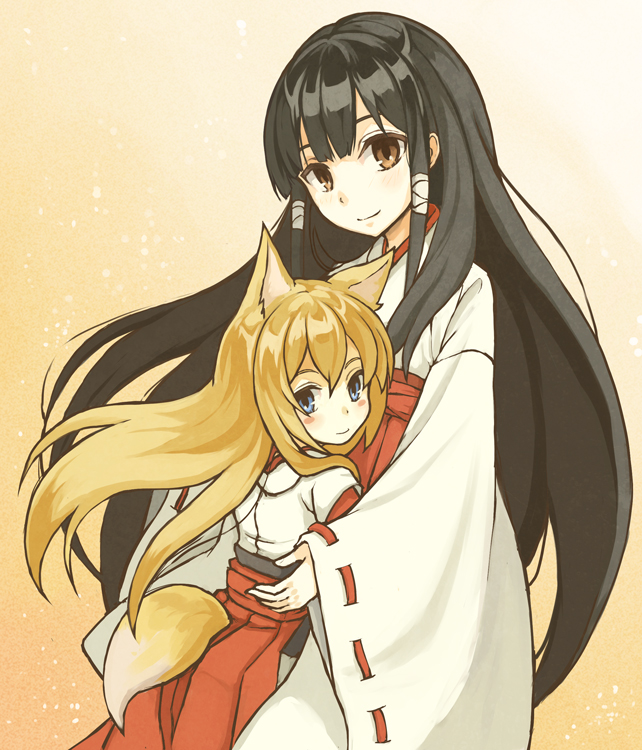 2girls, animal_ears, black_hair, blonde_hair, blue_eyes, blush, fox_ears, fox_tail