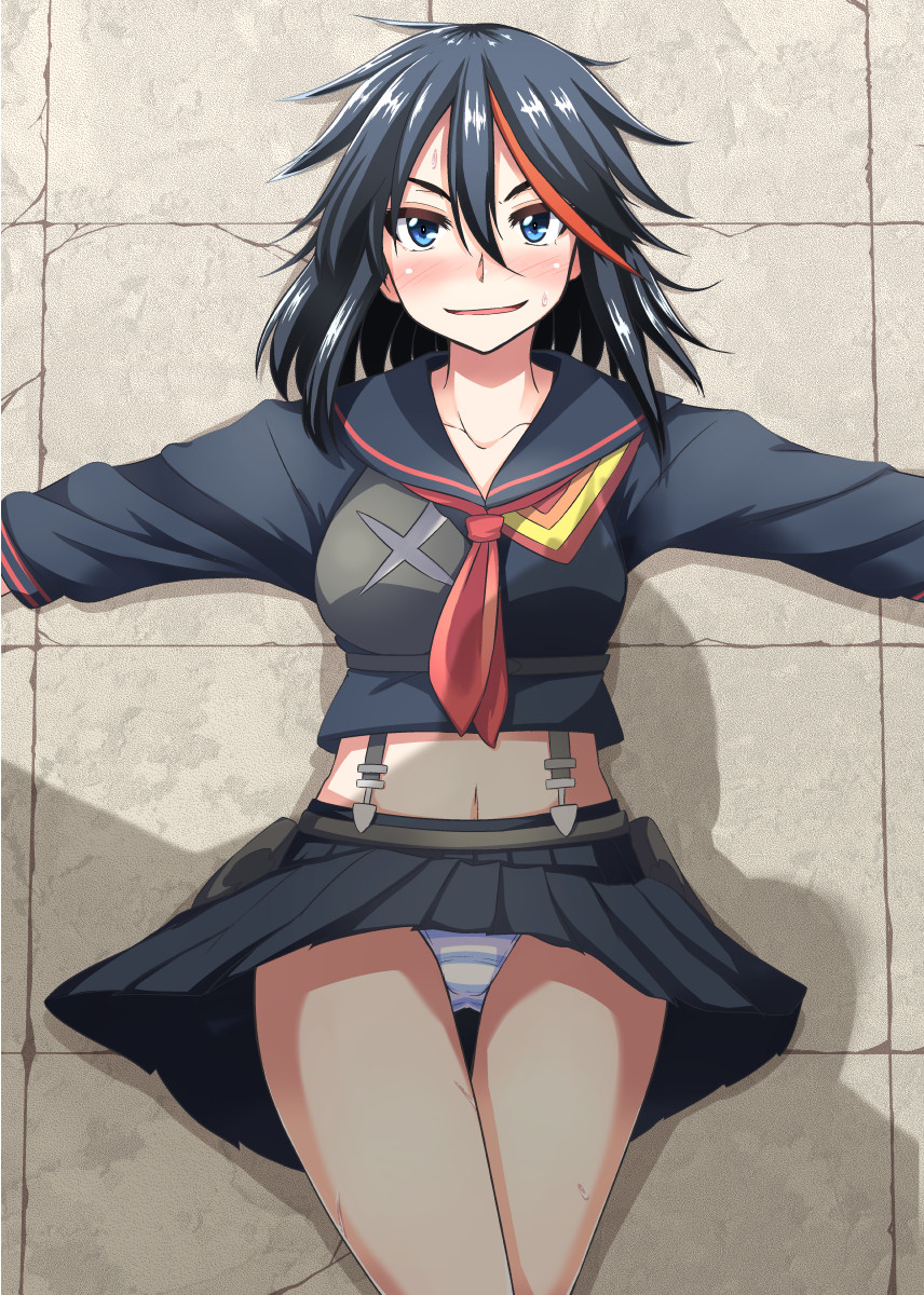 1girl, black_hair, blue_eyes, blush, breasts, highres, kill_la_kill, living_clothes, looking_at_another, lying, matoi_ryuuko, multicolored_hair, navel, on_back, outstretched_arms, school_uniform, senketsu, serafuku, short_hair, skirt, smile, solo, spread_arms, striped_panties, sweatdrop, tog_(shoten), two-tone_hair