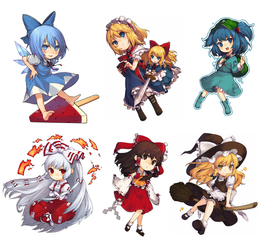 6+girls, aki_(mare_desiderii), alice_margatroid, backpack, bag, barefoot, blonde_hair, blue_hair