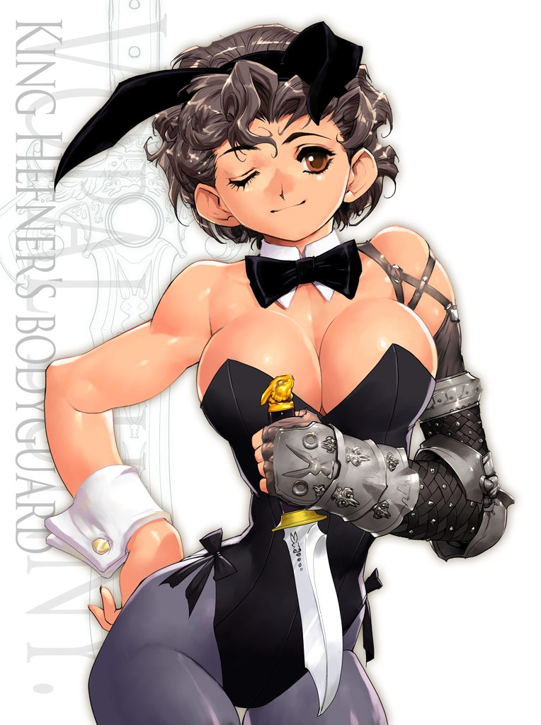 1girl, animal_ears, armor, black_hair, bowtie, brown_eyes, bunnysuit, dagger