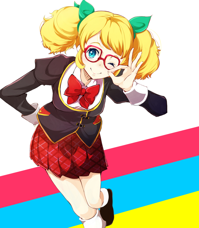 1girl, aikatsu!, aqua_eyes, blonde_hair, glasses, nira, ribbon, saegusa_kii