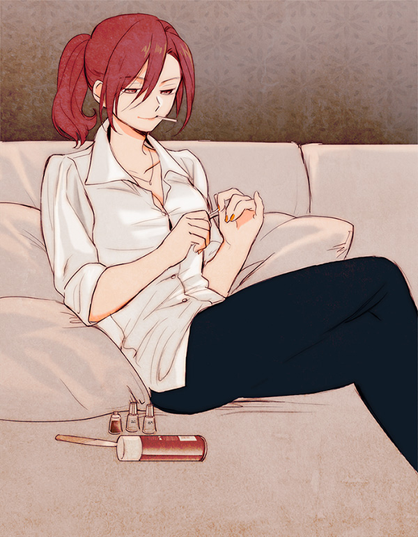 1girl, aozaki_touko, cigarette, couch, crossed_legs_(sitting), dress_shirt, hair_between_eyes, jewelry