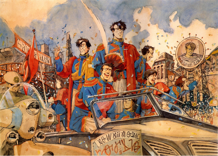 80s, alien, alphabet, car, city, confetti, general_khaidenn, glasses, good_end, helmet, highres, honneamise_no_tsubasa, marty_tohn, motor_vehicle, motorcycle, multiple_boys, official_art, oldschool, parade, police, production_art, promotional_art, sadamoto_yoshiyuki, scan, science_fiction, shirotsugh_lhadatt, spoilers, traditional_media, triumph, uniform, vehicle, victory