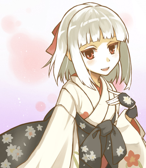 1girl, albino, bangs, blunt_bangs, blush, bridal_gauntlets, hair_ornament, hand_on_own_chest