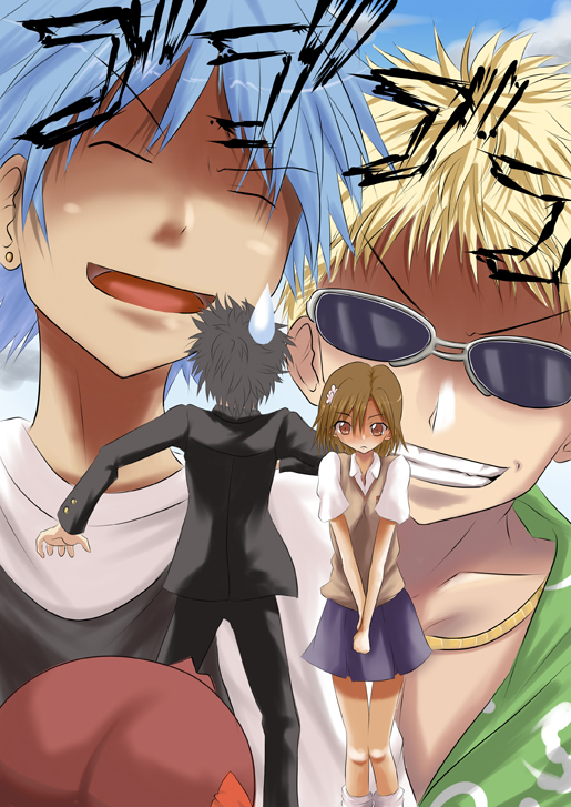 aogami_pierce, earrings, jewelry, kamijou_touma, misaka_mikoto, school_uniform, shy, sunglasses