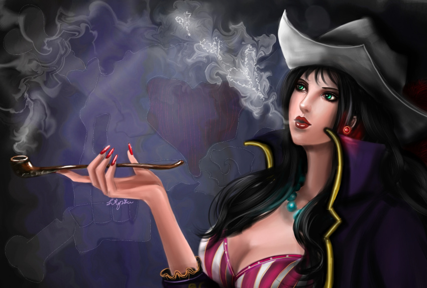 1girl, alvida_(one_piece), bikini_top, black_hair, breasts, cleavage, close-up, earrings