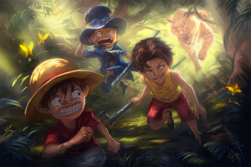 2013, 3boys, bandage_on_face, bandaid, bandaid_on_nose, black_hair, blonde_hair, butterfly